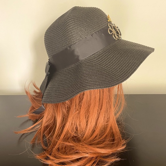 Gold Insects on Gold Flowers Black Summer Hat - Picture 6 of 8